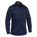 Navy long sleeve work shirt with dual chest pockets and yellow contrast trim details