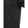 Black ripstop work shirt showing dual chest pockets with zip closure and pen slot details