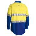 Yellow and royal blue hi-vis work shirt with silver reflective tape stripes across back, long sleeves, contrast collar