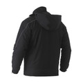 Black heavy duty jacket with hood and reflective piping detail, rear view