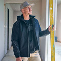 Navy heavy duty dobby jacket with full zip and hood worn on construction site