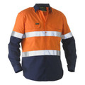 Orange and navy hi-vis work shirt with white reflective tape across chest and arms, featuring dual chest pockets with button flaps