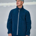 Navy bonded micro fleece jacket with white contrast zipper and high collar