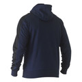 Navy recycled zip hoodie shown from back with hood up and ribbed hem and cuffs