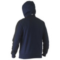Navy recycled zip hoodie with hood up, shown from back view with ribbed cuffs and hem