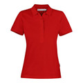 Bright red women's cotton polo shirt with collar and short sleeves on white background