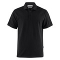 Black cotton polo shirt with collar and button placket on white background