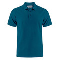 Deep teal polo shirt with collar and button placket, smooth cotton construction with short sleeves
