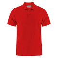 Men's bright red cotton polo shirt with three-button placket, ribbed collar and short sleeves, flat lay packshot