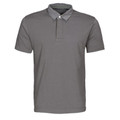 Charcoal grey men's polo shirt with woven collar and short sleeves on white background