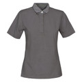 Charcoal grey women's short sleeve cotton polo with flat collar and button placket