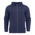 Navy zip-up hooded jacket with grey zipper and kangaroo pockets, showing smooth flat front panel