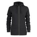 Charcoal grey women's hooded zip-up jacket with flat front panel and matching drawcords