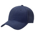 Navy six-panel structured cap with curved brim and embroidery-ready front panels
