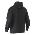 Rear view of a black pullover hoodie with ribbed cuffs, hem, and contrast raglan sleeves
