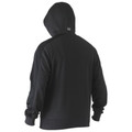 Rear view of black pullover hoodie with drawstring hood and ribbed cuffs on male model