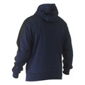 Navy pullover hoodie with hood shown from back, featuring ribbed cuffs and hem