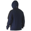 Navy fleece pullover hoodie shown from back with hood up and ribbed cuffs and hem