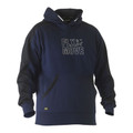 Navy pullover hoodie with black contrast sleeves, kangaroo pocket, ribbed cuffs, and FLX & MOVE chest print