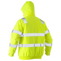 Back view of hi-vis yellow bomber jacket with attached hood and silver reflective tape bands across back and sleeves