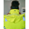 Back view of model wearing fluoro yellow hi vis bomber jacket with detachable hood and reflective tape panels