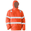 Hi vis orange wet weather bomber jacket with attached hood and silver reflective tape bands on chest and sleeves