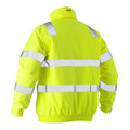 Fluorescent yellow hi vis bomber jacket rear view with horizontal and diagonal silver reflective tape bands