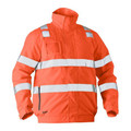 Fluorescent orange bomber jacket with silver reflective tape across chest, sleeves and shoulders
