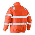 Back view of flame orange hi vis bomber jacket with horizontal and shoulder reflective tape bands