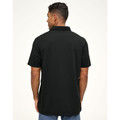 Black sustainable jacquard knit polo shirt with collar, shown from back view with short sleeves