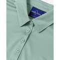 Sage green ladies polo shirt with subtle jacquard texture, flat collar, and tonal button placket — close-up packshot