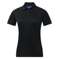 Black ladies polo shirt with collar and short sleeves featuring decorative jacquard knit texture