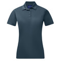 Women's slate blue three-button polo shirt with spread collar and smooth jacquard knit fabric, packshot