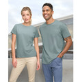 Man and woman wearing sage green crew neck tees with smooth fabric face, styled in modern outdoor setting