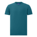 Teal crew neck t-shirt with smooth cotton face fabric and short sleeves on white background