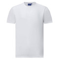 White crew neck t-shirt with smooth cotton face fabric and short sleeves on plain background