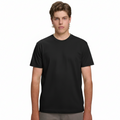 A male model with light brown hair wearing a plain black Soho Men's Premium New Tech Cotton Face T-shirt, standing against a white background.