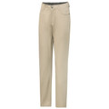 Stone beige chino pants with jean-style pockets and charcoal grey waistband contrast