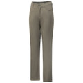 Olive green chino pants with button fly, belt loops, and traditional five-pocket styling