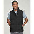 Black puffer vest with horizontal quilted panels and high collar worn over powder blue tee