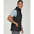 Man wearing black quilted puffer vest with stand collar, zip front and side pockets over light blue polo