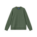 Moss green crew neck sweater with ribbed cuffs and hem, featuring smooth airlayered double knit construction