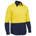 Yellow and navy two-tone long sleeve work shirt with contrast collar and button front