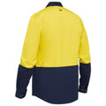 Back view of yellow and navy two-tone hi vis long sleeve work shirt with snap cuffs