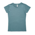 Slate blue women's crew neck tee, short sleeves, fitted cut, smooth cotton fabric, flat lay packshot