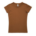 Caramel brown fitted women's t-shirt with crew neck and short sleeves on white background