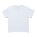 White kids crew neck t-shirt with short sleeves and wide body fit, flat lay with tearaway label visible