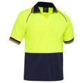 Hi-vis yellow and navy two-tone polo shirt with contrast collar and striped sleeve trim