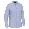 Pale blue chambray long sleeve shirt with button-down collar, gold buttons, and twin chest pockets
