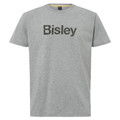 Grey marle cotton crew neck tee with large dark printed chest logo, flat lay packshot
